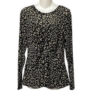 CABI Leopard Print Ruched Mesh Long Sleeve Top L
